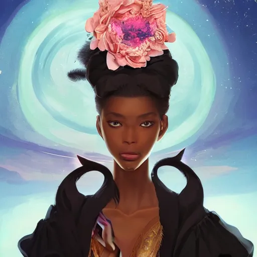 Image similar to a stunning portrait of a black - skinned witch with cat ears wearing an ornate flower dress, beautiful flower dress, by makoto shinkai, wlop, mars ravelo, summer vibes, very coherent symmetrical artwork, perfect face, studio lighting, smooth, sharp focus, 4 k, masterpiece, trending on artstation