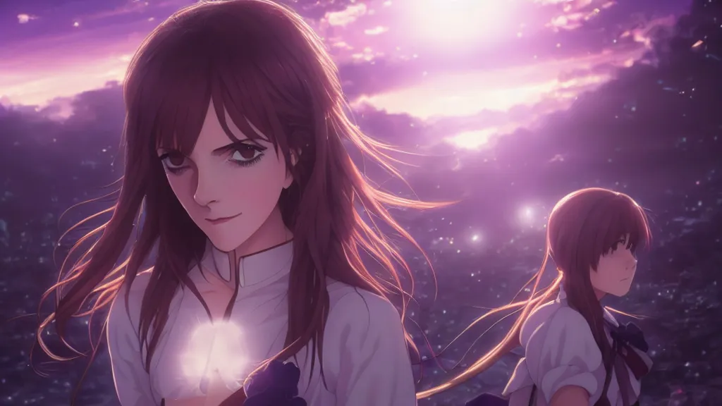Image similar to medium portrait emma watson in heavens feel movie, detailed face, violet evergarden, tokyo, ufotable, key visual, cinematic, city background, night time, street, fate stay night, unlimited blade works, greg rutkowski, high resolution, street clothes, anime, high budget