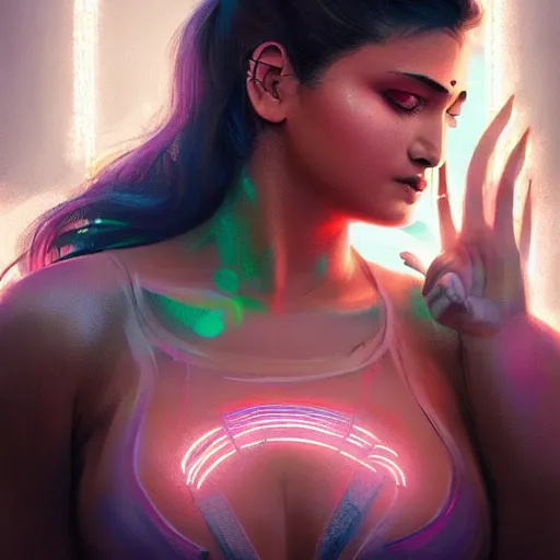 Image similar to thic hindu woman with a futurestic skin tattoo and bio-technical parts and neon light by Artgerm and Greg Rutkowski , digital painting, highly detailed, trending on artstation