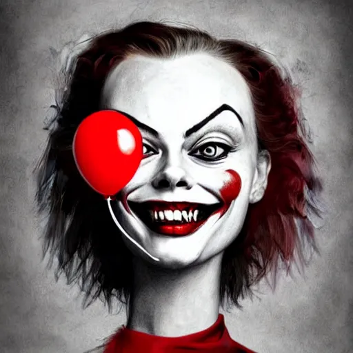 Prompt: surrealism grunge cartoon portrait sketch of margot robbie with a wide smile and a red balloon by - michael karcz, loony toons style, pennywise style, horror theme, detailed, elegant, intricate