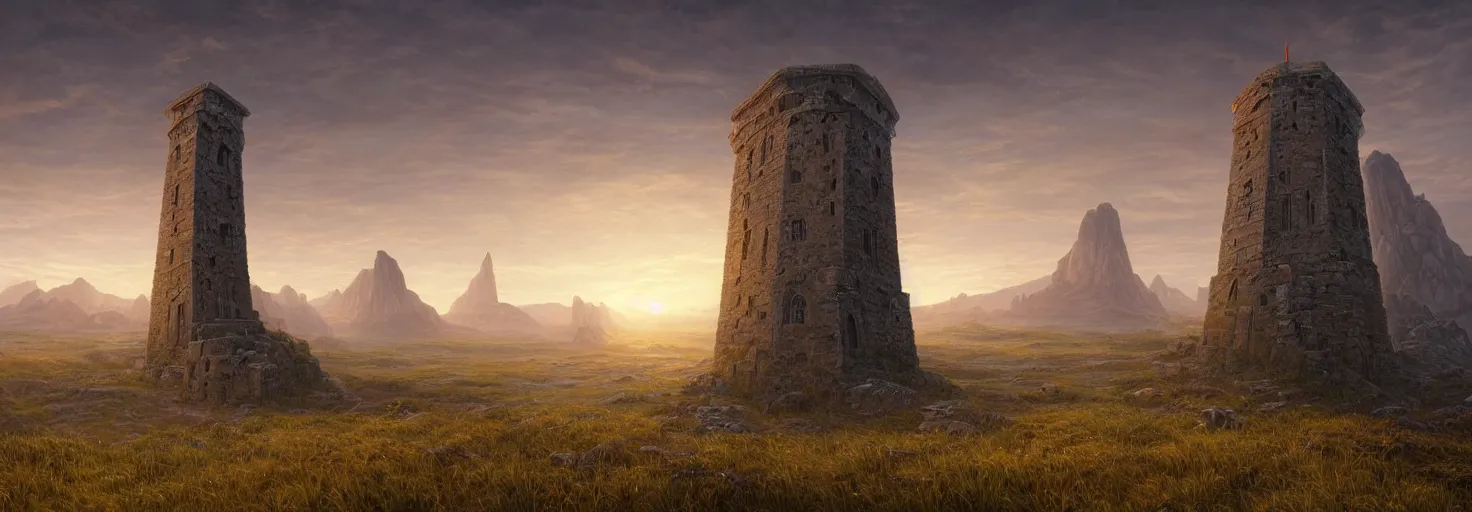 Prompt: A beautiful hyper realistic detailed matte painting of an ancient tower carved with runes ans magic symbols|montane grassland landscape at sunrise| a lot of small bushes and trees|by John Howe and Andreas Rocha and Martin Johnson Heade and Albert Bierstadt|unreal engine, trending on artstation, barometric projection, rectilinear