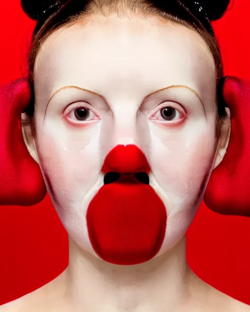 Prompt: symmetrical close - up portrait of a woman wearing a red silicone beauty mask and hair buns, wearing a black bodysuit by alexander mcqueen, cream white background, soft light, biotechnology, humanoide robot, bjork aesthetic, translucent, by rineke dijkstra, masterpiece,