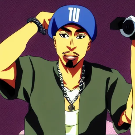 Image similar to Tupac Shakur, screenshot from a 2012s anime