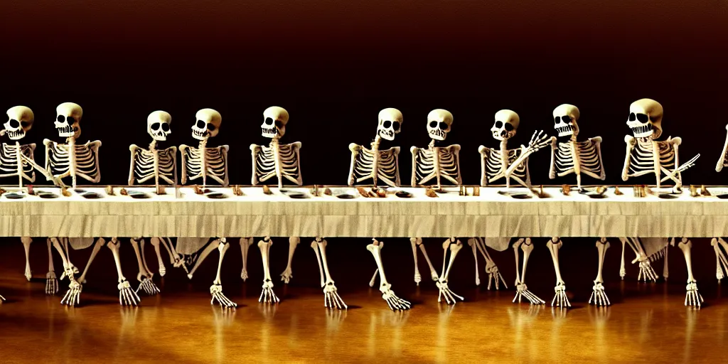 Image similar to masterpiece last supper, all skeletons, extremely detailed, 8 k, artstation, by leonardo da vinci, trending on artstation