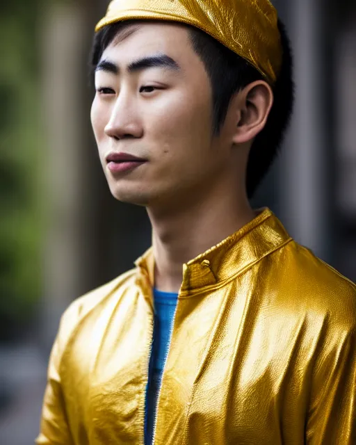 Image similar to gold, hyper realistic photo of an asian male, 8 k, 8 5 mm f 1. 8