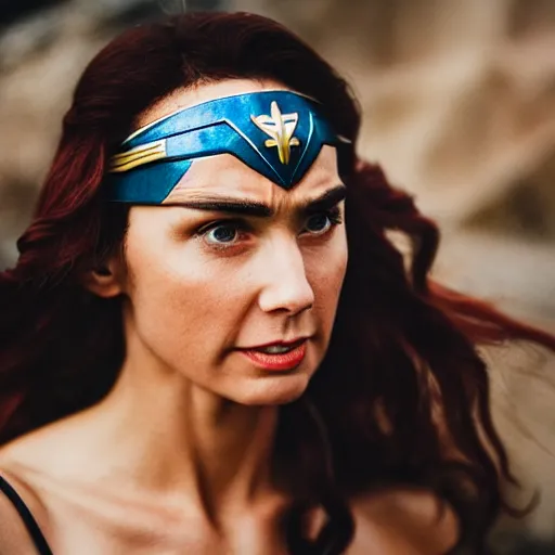 Image similar to still of Wonder Woman, 50% Mediterranean, stunning closeup, 35mm F/1.2