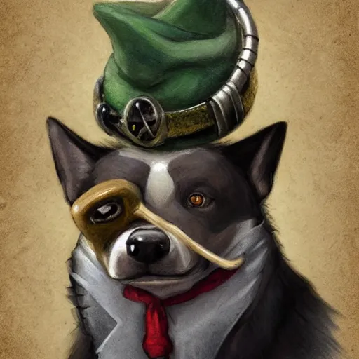 Prompt: Anthropomorphic Corgie with Pipe in his mouthe a green scarf around his neck a monocle up to his eye and a backpack full of wares, D&D Art, Fantasy, by Vince Ruz