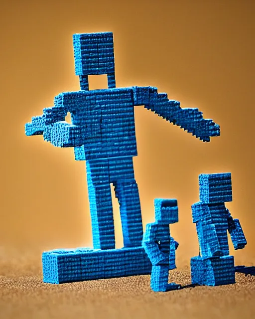 Image similar to alien species of tiny blue humanoids made of blocks, living pixel aliens, minecraft creature, miniscule, small, tiny, noble, elegant, mysterious