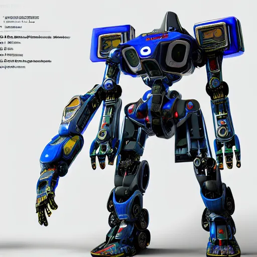 Image similar to Detailed technical drawings of robotic mecha warrior, highly detailed blueprints, 4K resolution, octane render, cyberpunk mecha warrior technical drawings, detailed parts diagram,