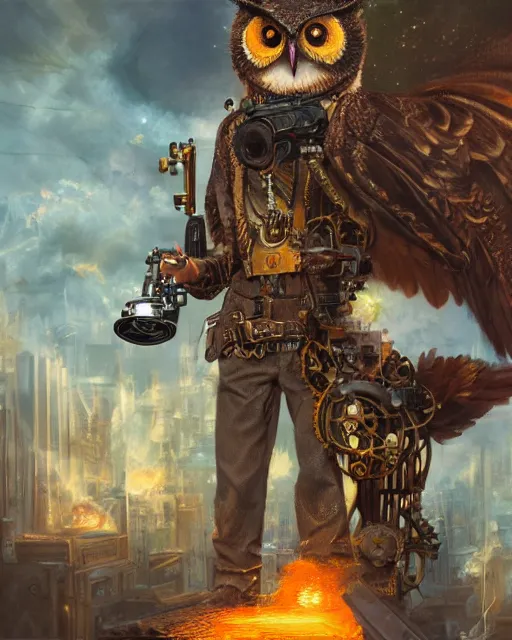 Image similar to oil painting of Anthropomorphized Steampunk Owl Sniper aiming steampunk gun, sharp focus, exploding golden steampunk city background, full body, heroic pose, fantasy style, octane render, volumetric lighting, 8k high definition, by greg rutkowski, highly detailed, trending on art Station, magic the gathering artwork, centered, dramatic artwork