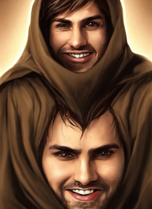 Prompt: a brown haired young eastern man with stubble, short hair, wearing brown jedi robes, smiling, close up, portrait style, star wars atmosphere, photographic print, artgerm, hyper - realistic