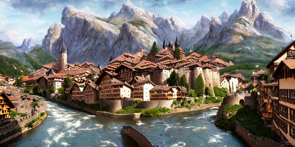 Prompt: view of a medieval walled city nestled in a mountain with small river flowing through center, large castle high up in a mountain peak in the background, alpine architecture, half - timbered, tudor style houses, chalet, soft colors, cozy, very beautiful, intricate, majestic, concept art, artgerm, james gurney, trending on art station