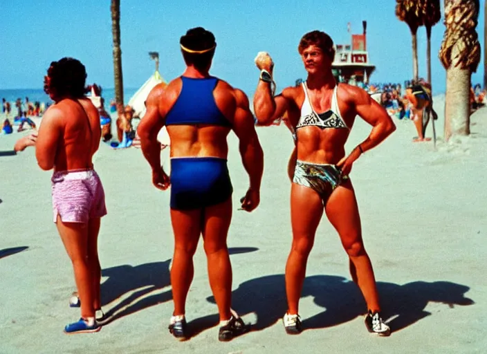 Prompt: color picture of a weightlifter at venice beach the 8 0's