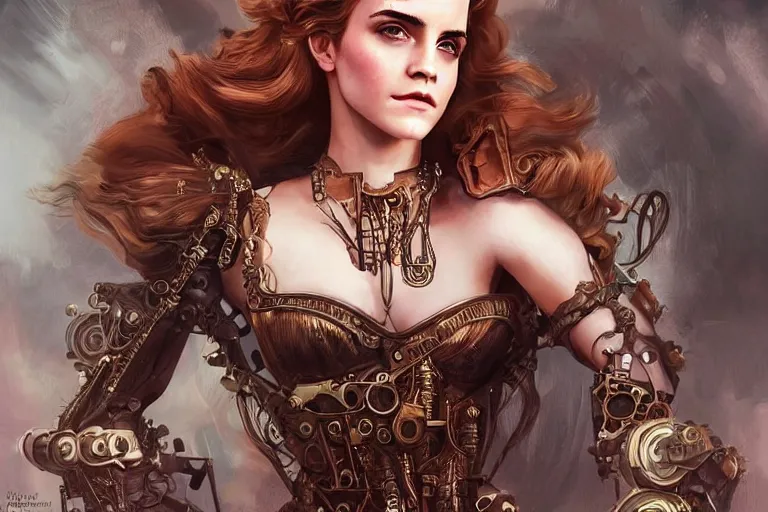 Prompt: three-quarters pose portrait of Emma Watson as a beautiful Lady Mechanika, very beautiful young woman, ginger wavy hair, Victorian-era push-up underwire. Intricate, steampunk imagery themed, D&D!, fantasy style, sharp focus!, ultra detailed, art by Artgerm and Peter Andrew Jones