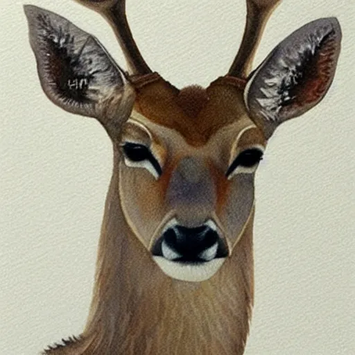 Image similar to a calming watercolour painting of a deer. deer portrait. symmetric. trending on artstation