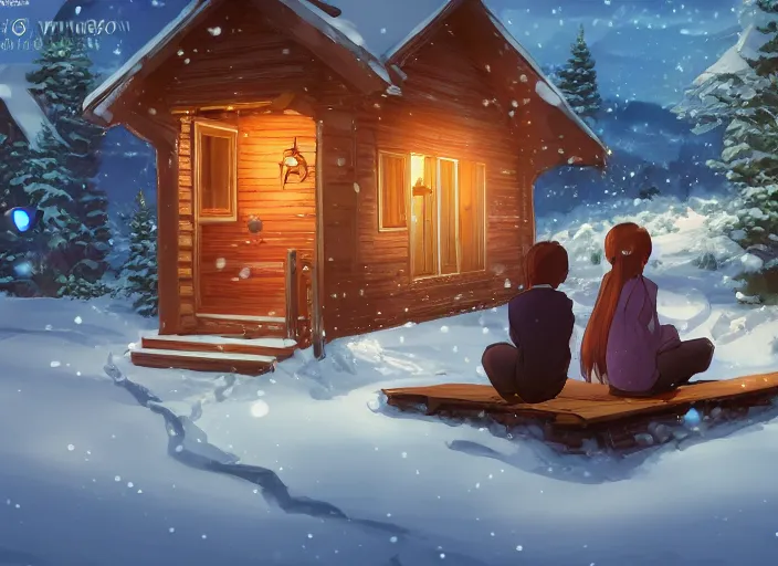 Prompt: a boy and a girl with long flowing auburn hair sitting together on the porch of a cabin on a mountain overlooking a snowy landscape. Atmospheric lighting, long shot, romantic, boy and girl are the focus, cold lighting, snowy. Anime. By Makoto Shinkai, Stanley Artgerm Lau, WLOP, Rossdraws, James Jean, Andrei Riabovitchev, Marc Simonetti, krenz cushart, Sakimichan, D&D trending on ArtStation, digital art.