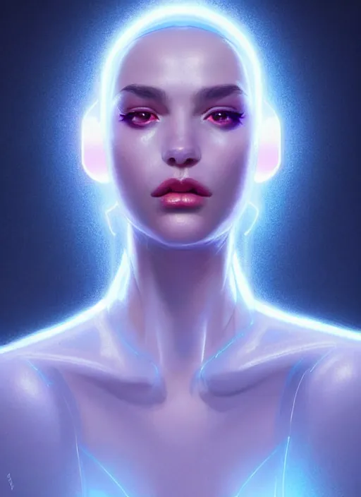 Image similar to portrait of european female humanoid, transparent clothing, elegant, cyber neon lights, highly detailed, digital illustration, trending in artstation, trending in pinterest, glamor pose, concept art, smooth, sharp focus, art by artgerm and greg rutkowski