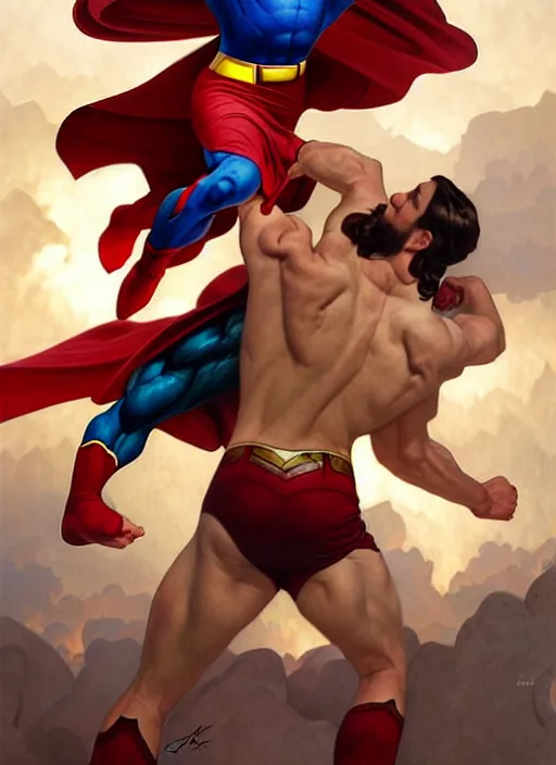 Image similar to Jesus fighting superman , diffuse lighting, fantasy, intricate, elegant, highly detailed, lifelike, photorealistic, digital painting, artstation, illustration, concept art, smooth, sharp focus, art by John Collier and Albert Aublet and Krenz Cushart and Artem Demura and Alphonse Mucha