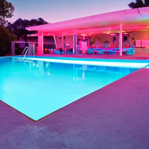 Prompt: archviz photo of a 1980s still life scene of a liminal swimming pool, 1985 art deco revival style, peach and teal pastel complimentary colors + complimentary neon lighting, 8k, v-ray, ray tracing