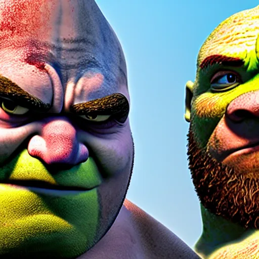 Image similar to kratos standing next to shrek, highly detailed, high quality, hd, 4 k, 8 k, canon 3 0 0 mm, professional photographer, 4 0 mp, lifelike, top - rated, award winning, realistic, sharp, no blur, edited, corrected, trending