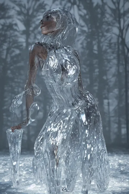 Image similar to a beautiful woman made out of crystal ice sitting by a campfire and slowly melting, by iris van herpen, unreal engine 5, volumetric lighting, path tracing, outdoor campfire pit