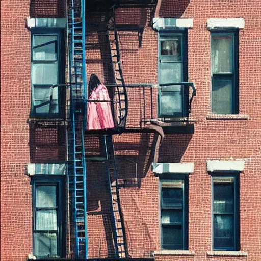 Prompt: “ a girl holding a cup of coffee sitting on a fire escape overlooking the east village in new york city, morning light, by daniel gerhartz ”