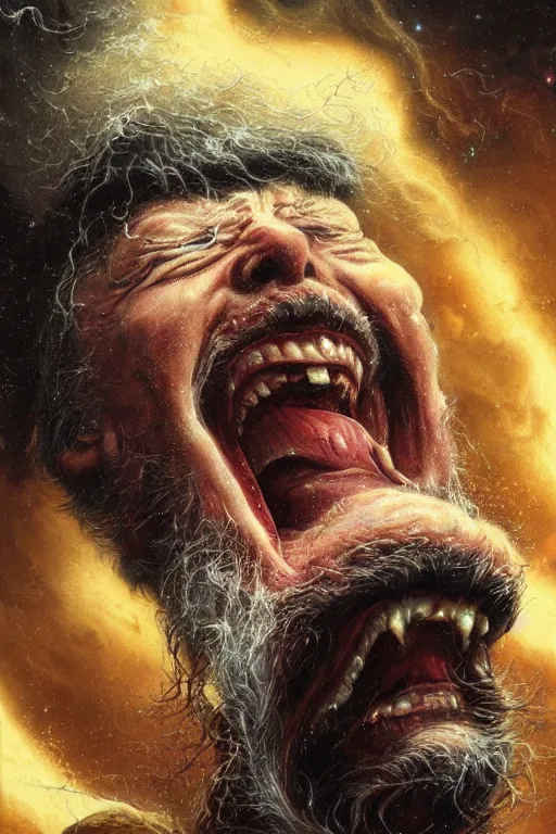 Image similar to an old man screams and a tornado comes out of his mouth by artgem and les edwards, highly detailed, high contrast, light reflection, trippy, nebula, trending on artstation