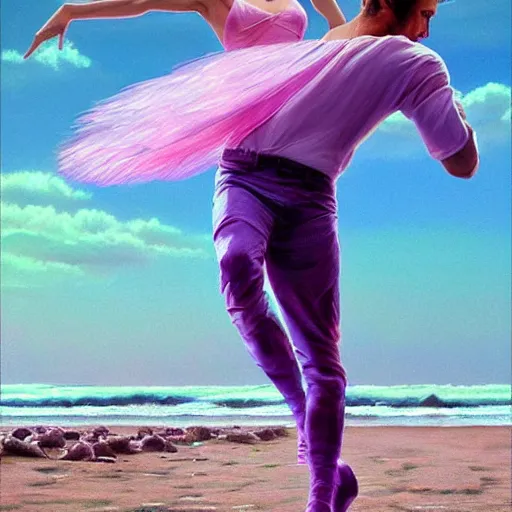 Image similar to ryan gosling dancing ballet, robotic clothes in the beach purple sun, dancing ballet, pink lighting ultra realistic photorealistic highly detailed high quality, a stunningly, digital painting, artstation, concept art, smooth, sharp focus, illustration, art by artgerm and greg rutkowski and alphonse mucha 8 k