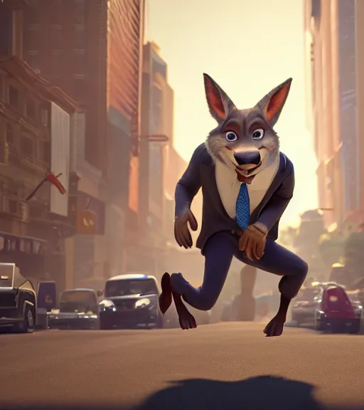 Image similar to a film still from the movie zootopia main character portrait anthro anthropomorphic wolf head animal person fursona wearing suit and tie pixar disney dreamworks animation sharp rendered in unreal engine 5 octane key art by greg rutkowski bloom dramatic lighting modeling expert masterpiece render