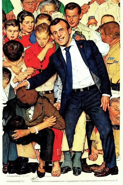 Prompt: Emmanuel Macron saving the world by Norman Rockwell