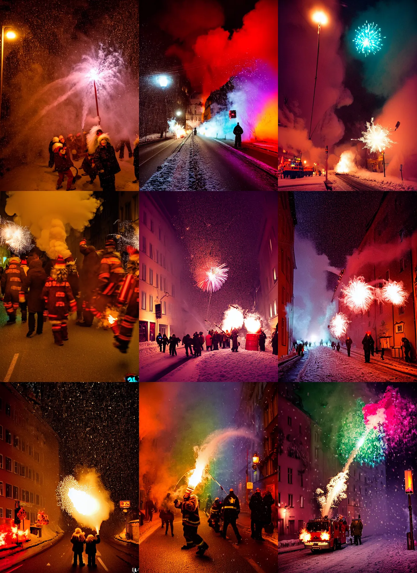 Prompt: kodak portra 4 0 0, winter, snowflakes, rainbow coloured rockets chaos glitter tornados, award winning dynamic photo of a bunch of hazardous krampus between exploding fire barrels by robert capas, motion blur, in a narrow lane in salzburg at night with colourful pyro fireworks and torches, teal lights