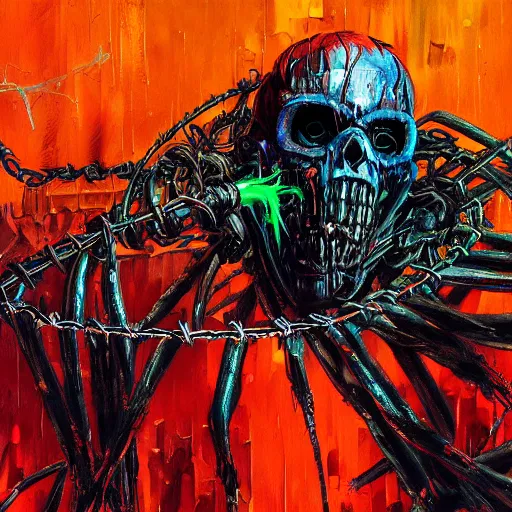 Prompt: cyberpunk ghost rider demon swinging a barbed wire whip, extremely detailed concept art, palette knife oil painting, dark saturated colors, vapor wave, terrifying masterpiece, maximalist, full body portrait, black background, horror, by Ralph Steadman, by Giger, by Alexander McQueen