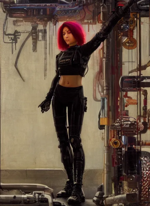 Prompt: Nikki Tanaka. Beautiful Feminist Cyberpunk mechanic with robotic legs. (Cyberpunk 2077, bladerunner 2049). Iranian orientalist portrait by john william waterhouse and Edwin Longsden Long and Theodore Ralli and Nasreddine Dinet, oil on canvas. Cinematic, vivid colors, hyper realism, realistic proportions, dramatic lighting, high detail 4k