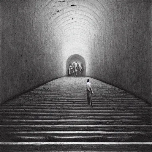 Prompt: a very crowded morning subway station, painted by zdzisław beksinski,