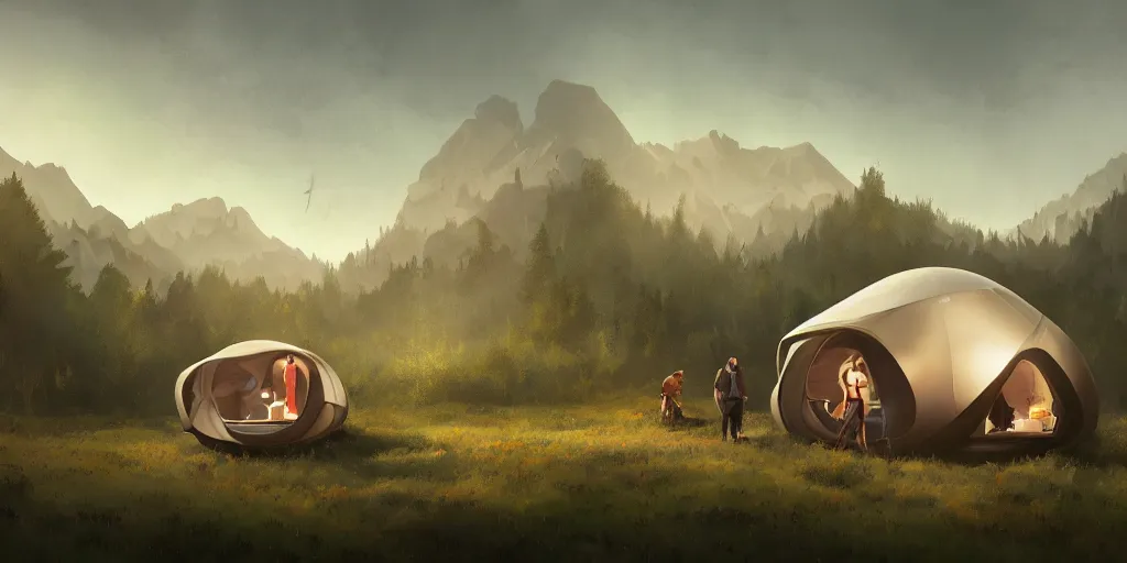 Image similar to cabela's tent futuristic pop up family pod, cabin, modular, person in foreground, mountainous forested wilderness open fields, beautiful views, painterly concept art, joanna gaines, environmental concept art, farmhouse, magnolia, concept art illustration by ross tran, by james gurney, by craig mullins, by greg rutkowski trending on artstation