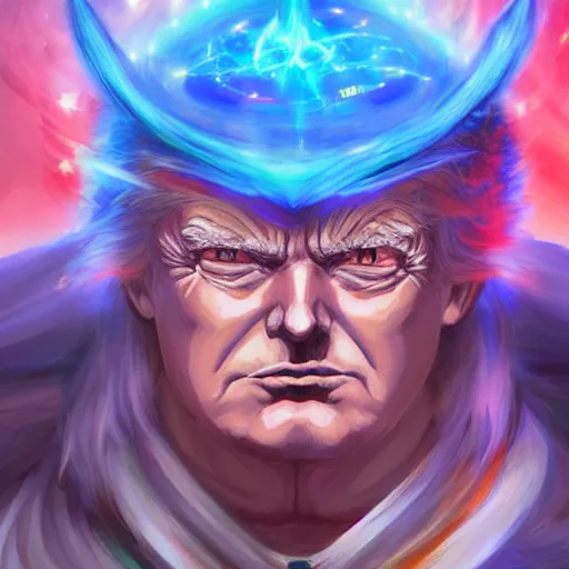 Image similar to anime portrait of Donald Trump as a shaman yedi using dark force to eliminate trump as an anime antagonist by Stanley Artgerm Lau, WLOP, Rossdraws, James Jean, Andrei Riabovitchev, Marc Simonetti, and Sakimichan, trending on artstation