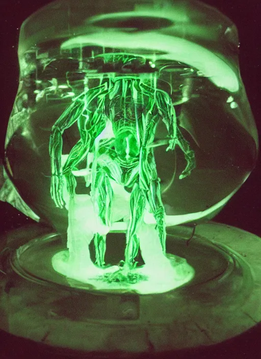 Prompt: a weird humanoid alien creature is suspended in a tank of dense liquid, tubes connecting to its body, back lit, green glow, 35mm film photography