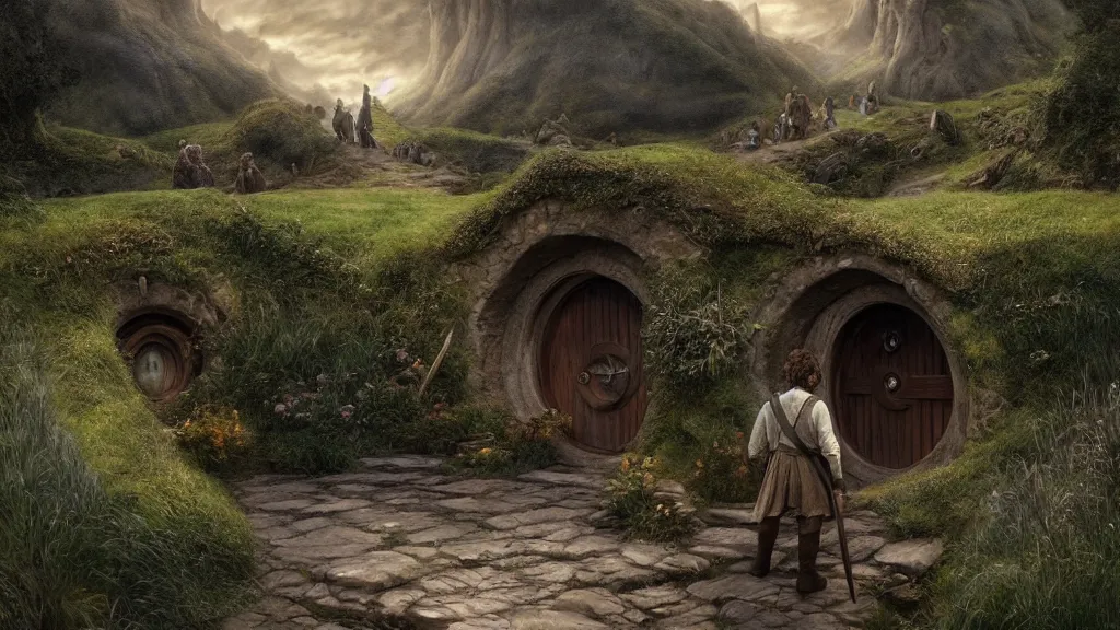 Image similar to frodo returning to bag end at the end of his journey, hobbiton, hobbits visible in the distance, by alan lee, michal karcz, smooth details, lord of the rings, game of thrones, smooth, detailed terrain, oil painting, trending artstation, concept art, fantasy matte painting