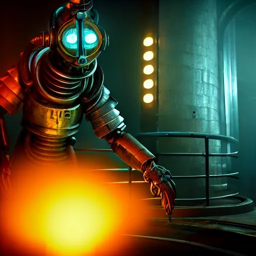 Image similar to isaac clarke as a bioshock big daddy, unreal engine 5, bioshock deadspace, high detail 3 d render,