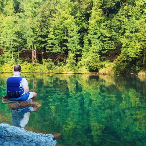 Image similar to two men sitting on a small damn on a river with a forest in the background