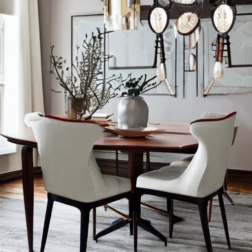 Image similar to chair with 6 legs located in a modernly decorated dining room, highly detailed, soft curves, joanna gaines styles