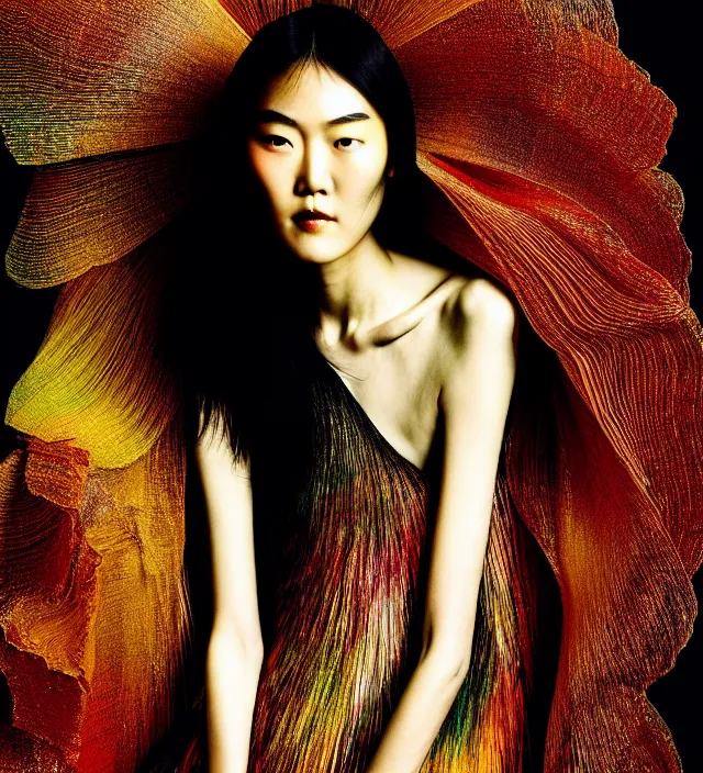 Image similar to photography american portrait of liu wen, natural background, sensual lighting, natural fragile pose, wearing stunning dress by iris van herpen, with a colorfull makeup. highly detailed, skin grain detail, photography by paolo roversi, nick knight, helmut newton, avedon, araki