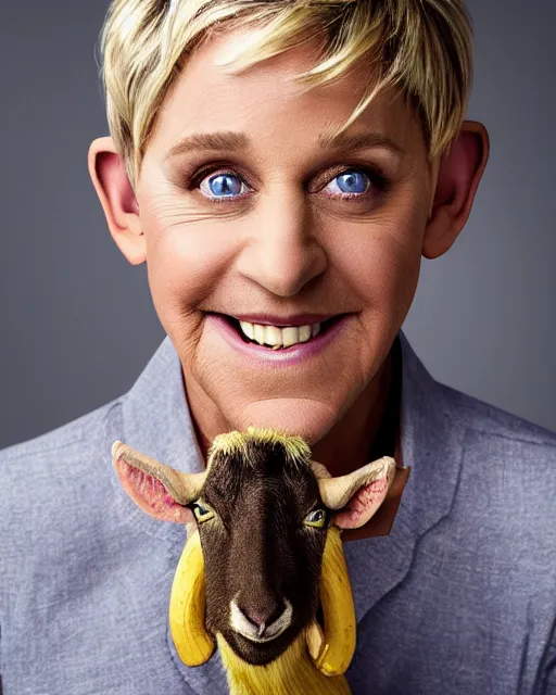 Image similar to headshot of ellen degeneres with yellow goat like eyes, ellen degeneres in highly detailed satyr like makeup by rick baker, studio lighting, 8 k, photo shoot, 9 inch kershaw soft focus lens f / 5. 6