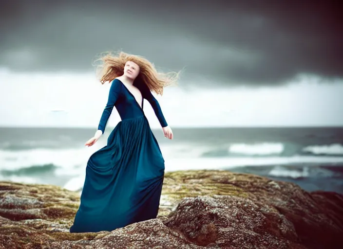 Image similar to cinestill 5 0 d half - length portrait photo portrait of a woman britt marling 3 / 4 style of nicholas fols, 1 5 0 mm, dress in voile, hair like dark clouds, hair in wind, head in focus, mute dramatic colours, soft blur outdoor stormy sea background, volumetric lighting, hyper detailed, hyper realistic