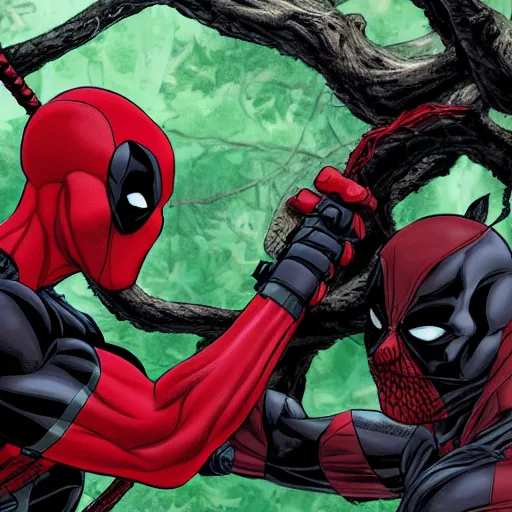 Image similar to deadpool and venom in the woods playing digital art 4 k detailed