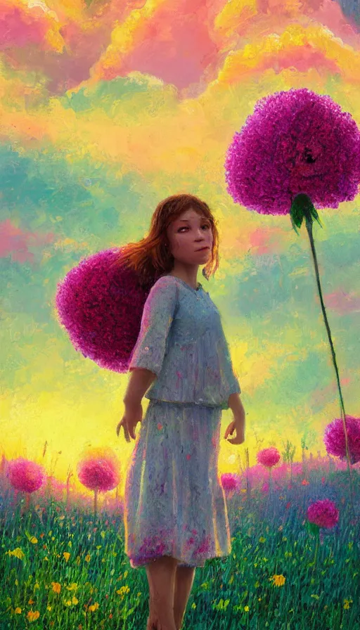 Image similar to girl with giant flower as a face and flower dress, standing in a flower field hills, big trees, sunrise dramatic light, impressionist painting, colorful clouds, digital painting, pointillism, artstation, simon stalenhag