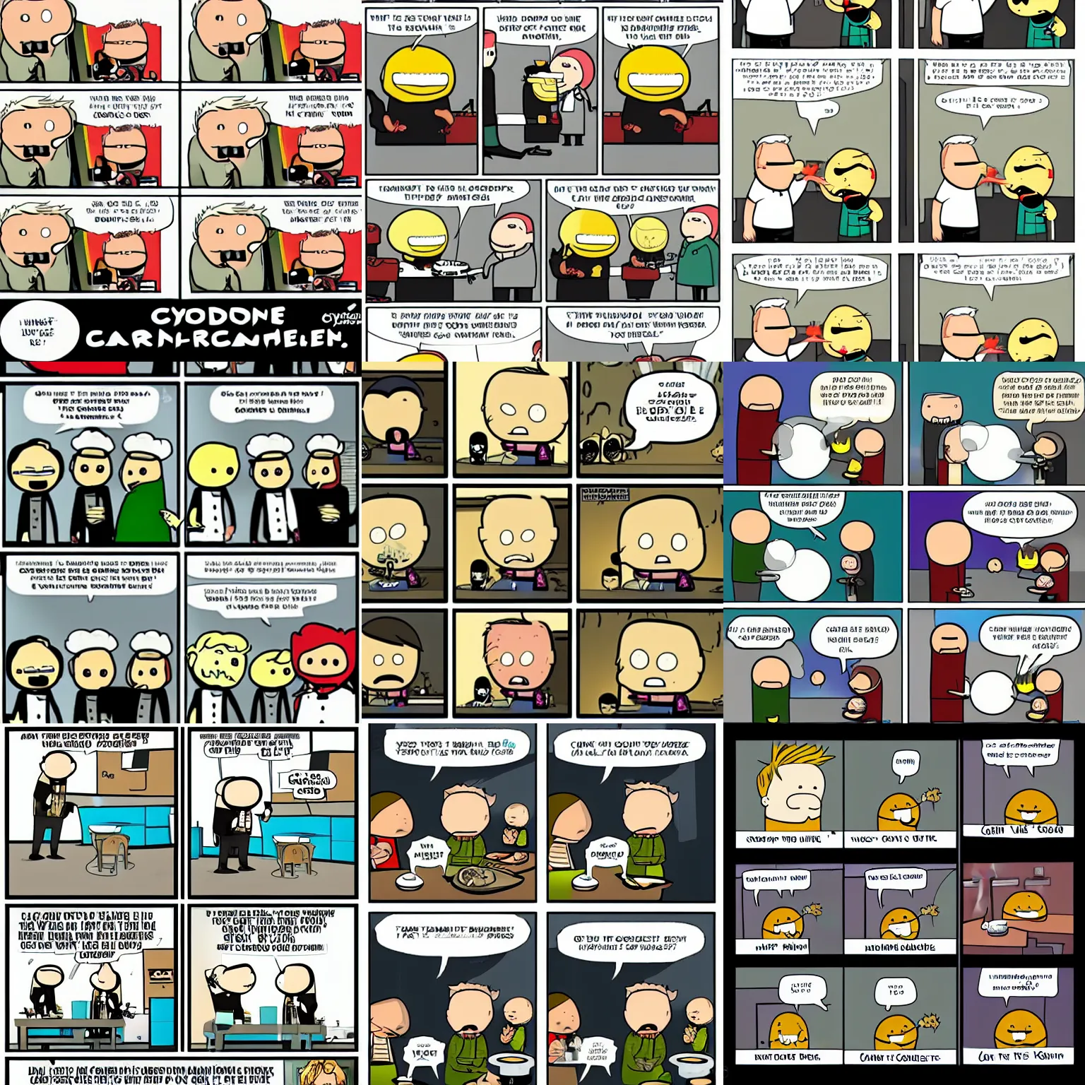 Prompt: Cyanide & Happiness comic featuring Gordon Ramsay, comic strip, panels, cooking, shouting, cartoon