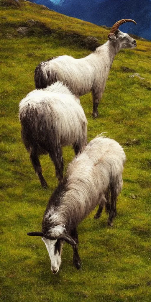 Prompt: a surreal dynamic painting of a majestic goat walking majestically and eating grass in alpine mountais, photorealistic, cinematic, dramatic, vivid, dark and beautiful, higly, civilized, cinematic lighting