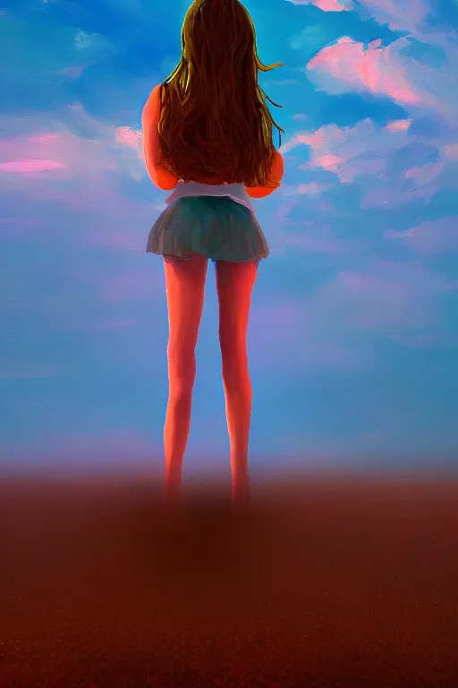 Image similar to closeup huge dahlia flower head, girl standing on beach, surreal photography, blue sky, sunrise, dramatic light, impressionist painting, digital painting, artstation, simon stalenhag