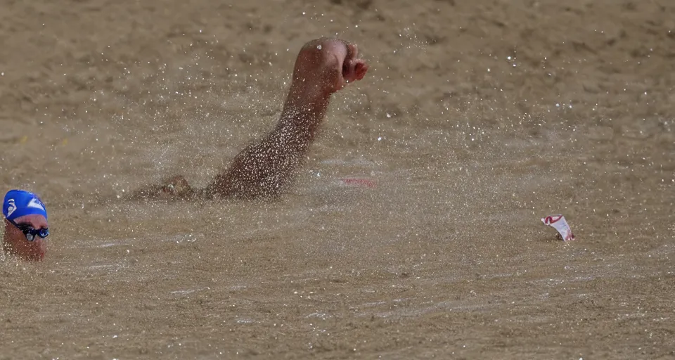 Image similar to olympic swimming in sand instead of water, extremely coherent, motion blur